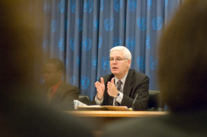 World Vision U.S. President Richard Stearns speaks at a World AIDS Day 2007 press conference on HIV and AIDS at the United Nations about key findings in World Vision's Global AIDS Attitude Survey. (Photo: Laura Reinhardt, 2007)