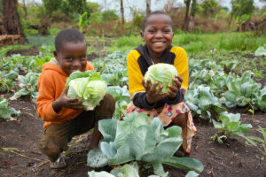 In the cabbage patch. Sisters Hirisire, age 6, and 8-year-old Justine love eating the fresh vegetables being grown in a community garden near their home. A total of 350 families in their village received seeds to grow fresh vegetables to feed their families and sell extra at the market for income.